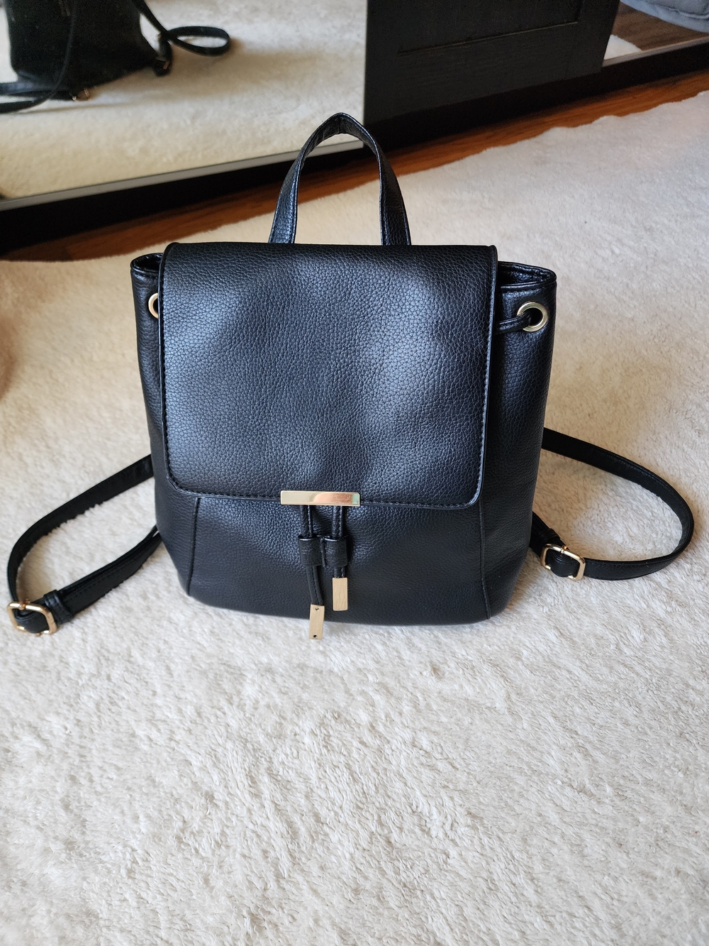 Black Pebbled Faux Leather Mini Backpack Purse Gold Accent